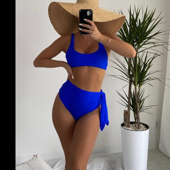 Electric blue side tie high waist bikini set - Picture 2 of 6